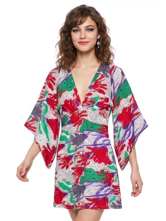 T-Bags Dresses & Skirts - T-Bags Multicolor Floral Kimono Mini Dress V neck Long sleeve Empire waist CUTE